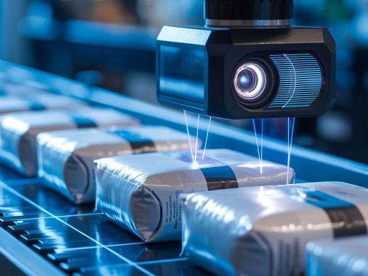 Automatisierte KI-Qualitätsprüfung mit Computer Vision in der Produktion: Ein Vision-Sensor scannt Backwaren-Verpackungen auf einem Förderband mit Laserstrahlen.