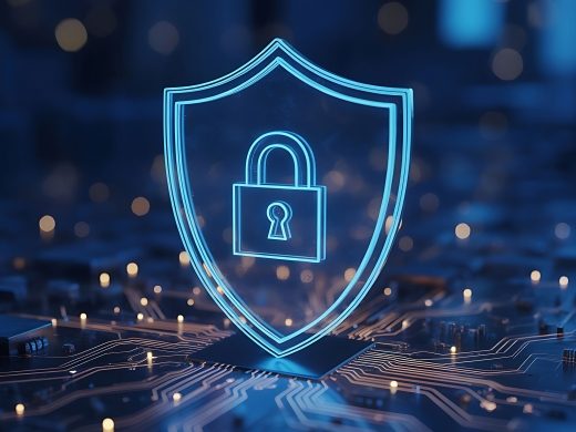 Luminous blue protective shield symbol with padlock on a circuit board for cybersecurity and data security.