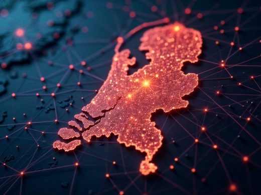Digitale Souveränität der Niederlande: Eine leuchtend rote Netzwerk-Karte des Landes auf dunklem Hintergrund, die sichere Konnektivität und Cloud-Infrastruktur darstellt. Futuristische Cyber-Karten-Ästhetik.