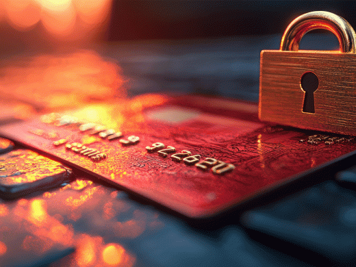 A red credit card rests on a dark computer keyboard. A closed golden padlock stands on top of the credit card, symbolizing online payment security and data protection. The background features warm, blurry bokeh lights.
