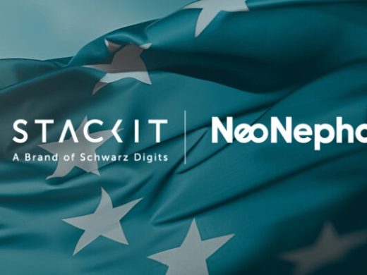 Logos of STACKIT and NeoNephos, in the background the EU flag