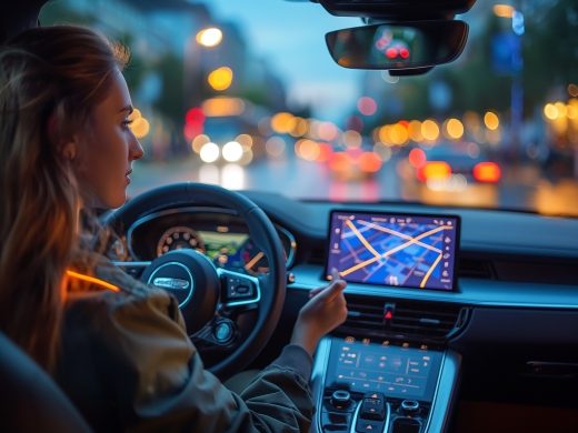 Frau die in einem Auto sitzt und auf das Auto-Navi schaut
