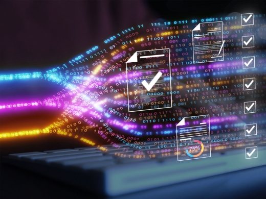 Abstract representation of cloud automation and digital data processing with binary code via a keyboard.
