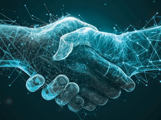 Abstrakter, digitaler Händedruck in leuchtendem Blau, dargestellt durch ein Netz aus leuchtenden Linien und Punkten, symbolisiert technologische Partnerschaft und Konnektivität.
