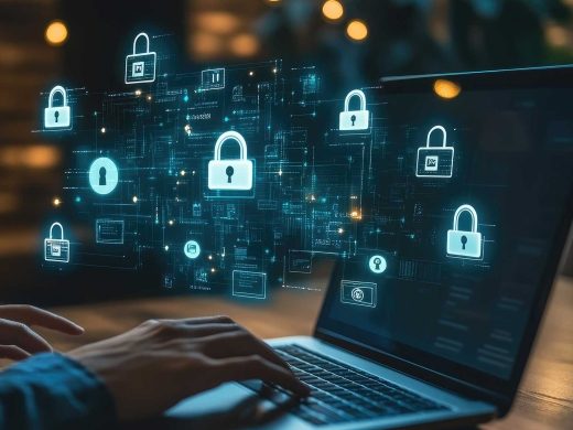 Close-up of a person working on a laptop with a digital representation of glowing padlocks and an interconnected data network hovering above. Symbolizes IT security, data protection and cyber security.