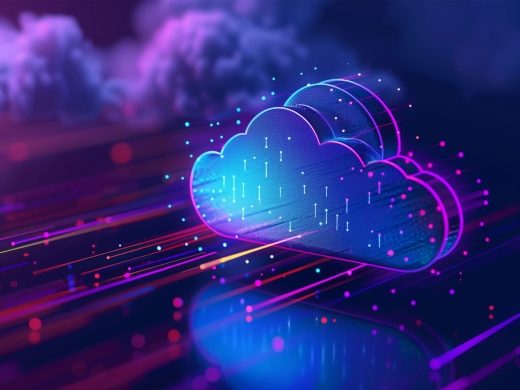 Vibrant neon cloud icon with fast-moving data streams on a dark reflective surface, representing high-performance cloud infrastructure and secure migration.