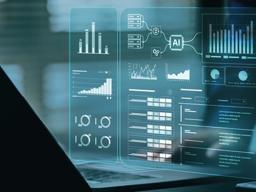 Person arbeitet an Laptop mit Datenvisualisierung, Diagrammen und KI-Symbol. Konzentriert sich auf Datenanalyse und Technologie in einem professionellen Umfeld.