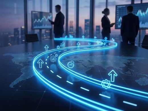 Futuristic cloud roadmap with glowing blue arrows on a digital world map in a corporate boardroom, illustrating a Cloud Adoption Framework strategy.