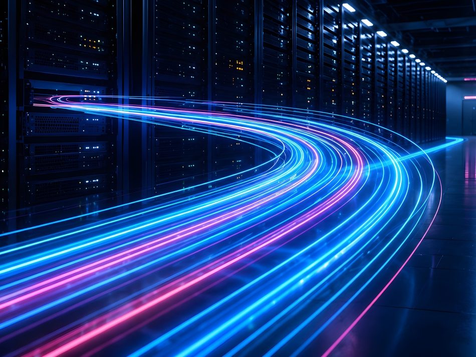 A dark server room with multiple racks, with glowing blue and pink light waves flowing through a corridor, symbolizing fast data traffic.