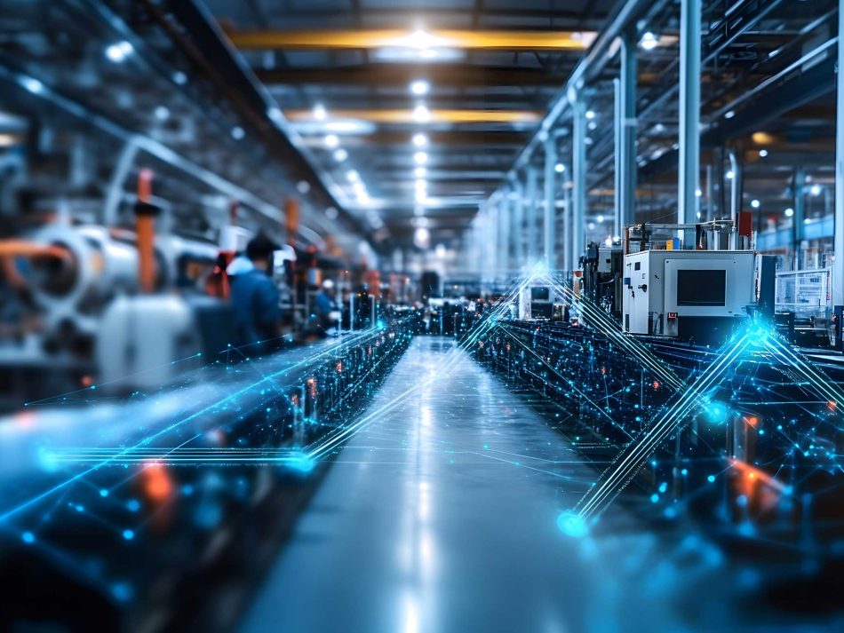 Moderne Smart Factory Produktionshalle mit leuchtenden digitalen Netzwerkgrafiken, die Industrie 4.0 und IoT-Integration symbolisieren.
