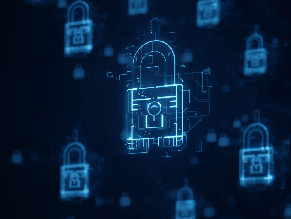 Glowing digital padlock symbol representing public key encryption, cybersecurity, and secure data transmission in IT networks.