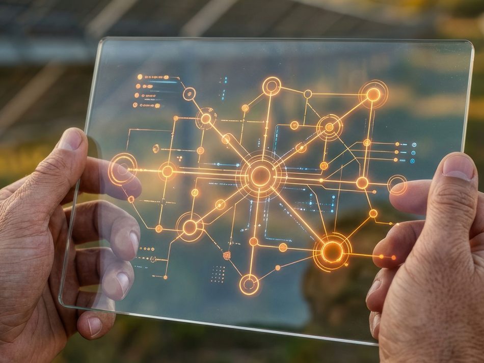 Two hands holding a transparent glass display with a glowing orange network diagram in front of a solar farm.