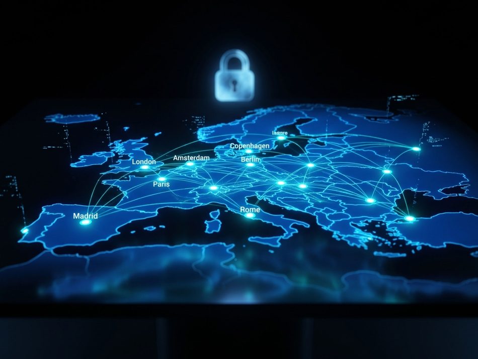 Interconnected digital map of Europe with data center hubs and security padlock – resilient, sovereign failover cloud infrastructure.