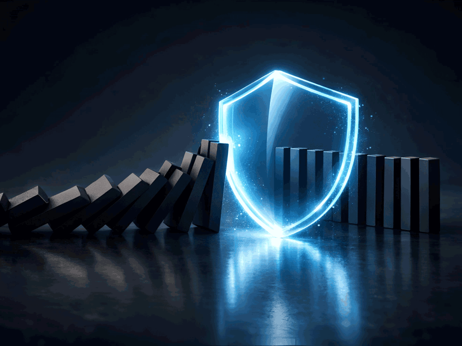 A glowing blue shield blocks a row of falling dominoes, protecting the upright blocks behind it.