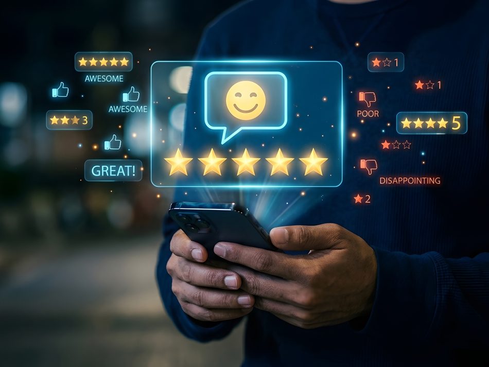 Person holding a smartphone displaying glowing social media sentiment analysis UI with 5-star ratings, likes, and customer feedback.