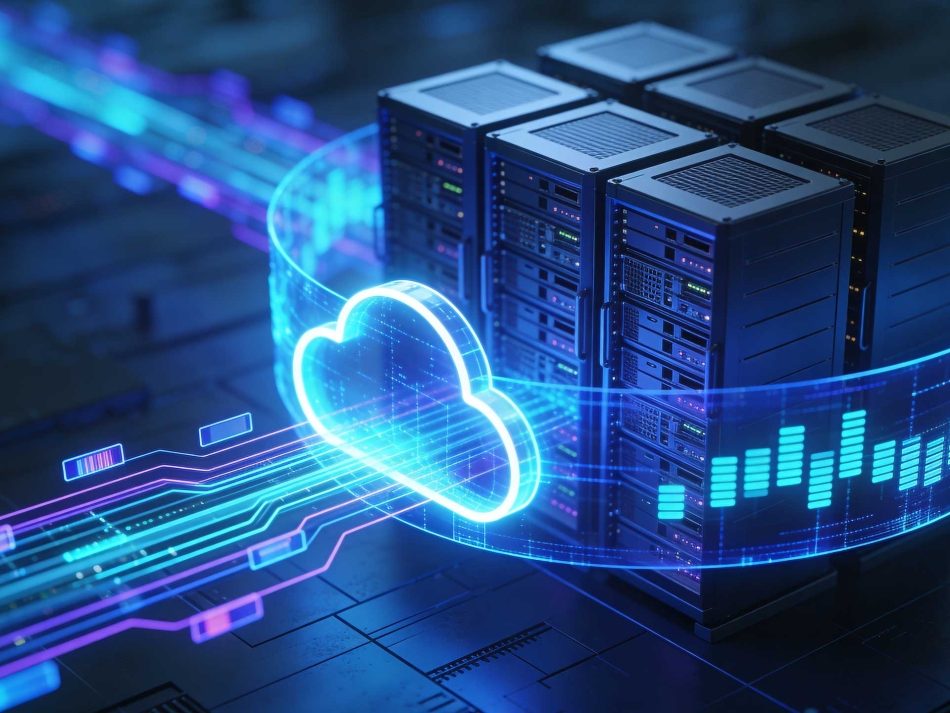 Futuristisches Datenzentrum mit Server-Racks und einem leuchtenden Cloud-Computing-Symbol, das Datenströme überträgt.