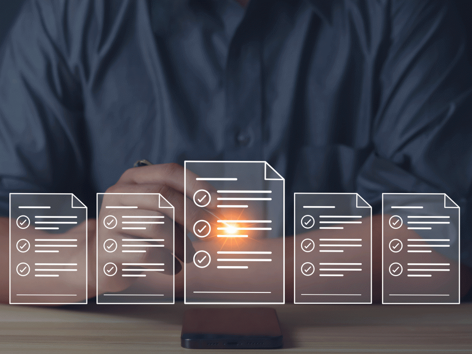 Digitale Checklisten und Dokumenten-Icons zur Visualisierung der Leistungsbeschreibung eines Cloud-SLA-Dienstes.