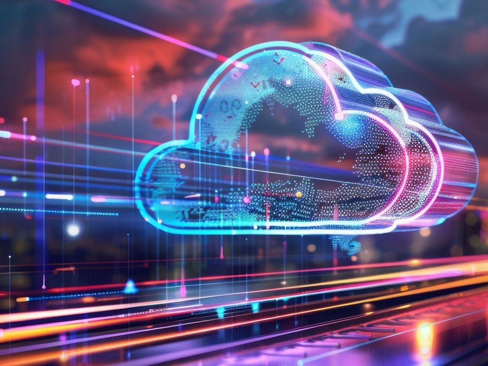 Abstract illustration of a glowing, globally networked cloud symbol (with a world map pattern) set against a city skyline at sunset. Symbolizes cloud computing, global data transfer, and digital transformation.