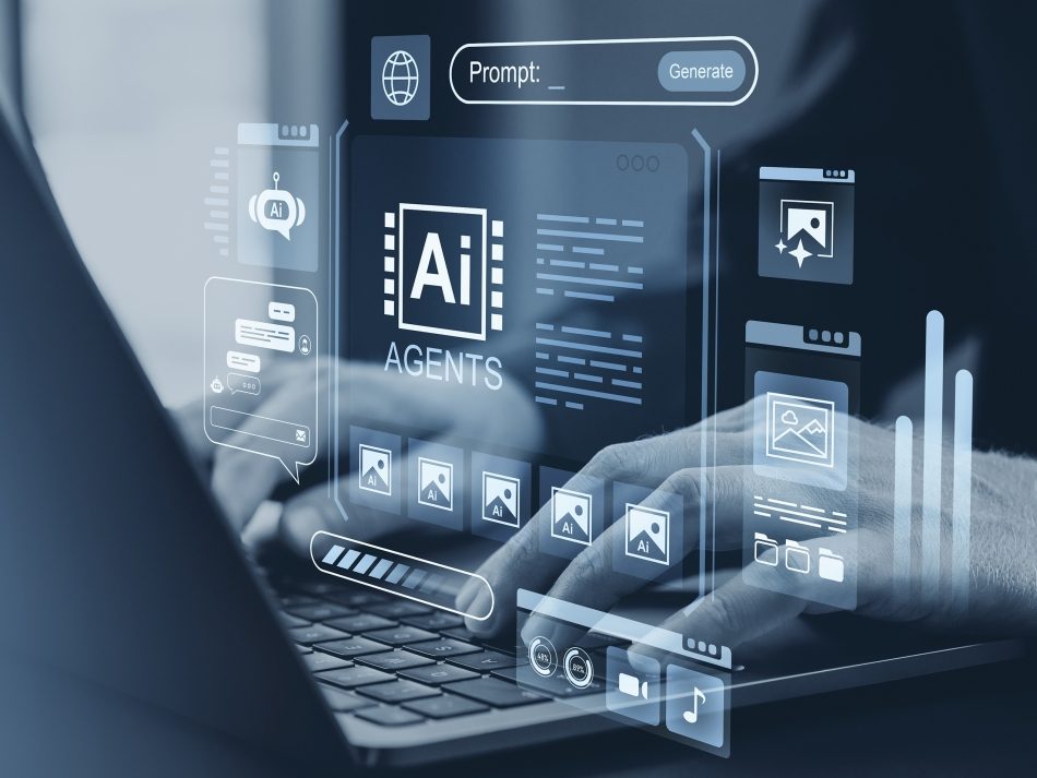 Digital AI Agents platform interface on a laptop: A man using a prompt input to generate content, surrounded by chat bubbles, image, video, and audio icons.