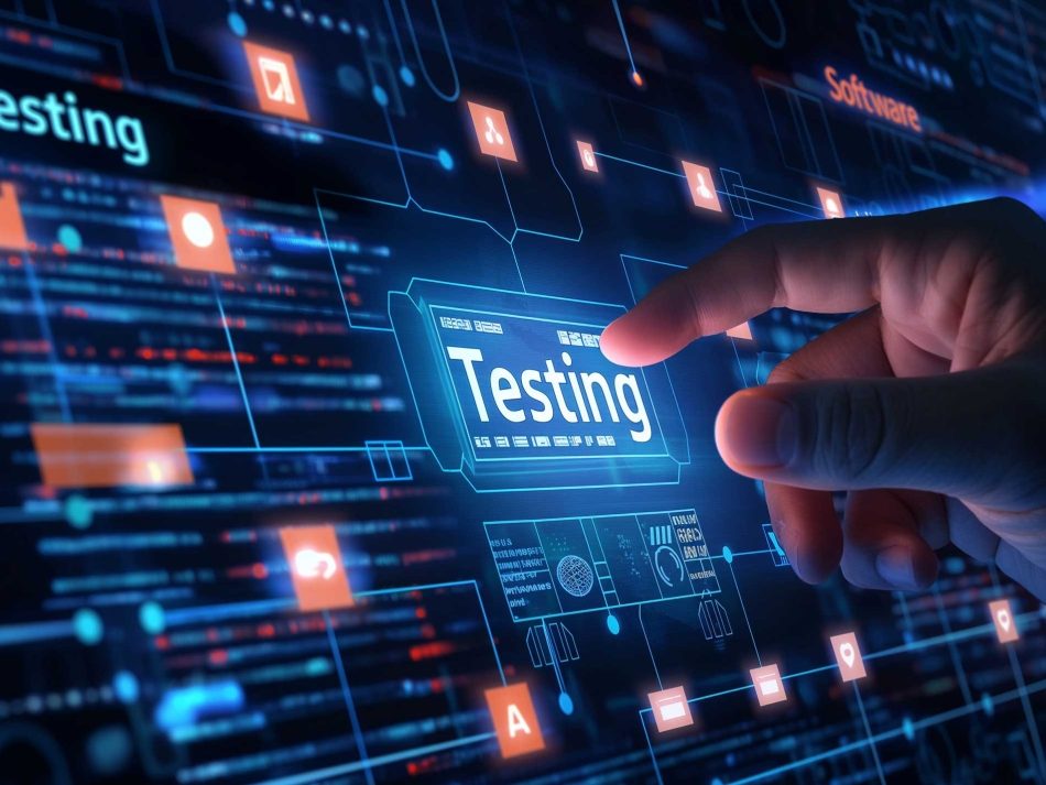 Hand interagiert mit einer digitalen Schnittstelle für Software-Testing und Qualitätssicherung in einer modernen IT-Testumgebung.