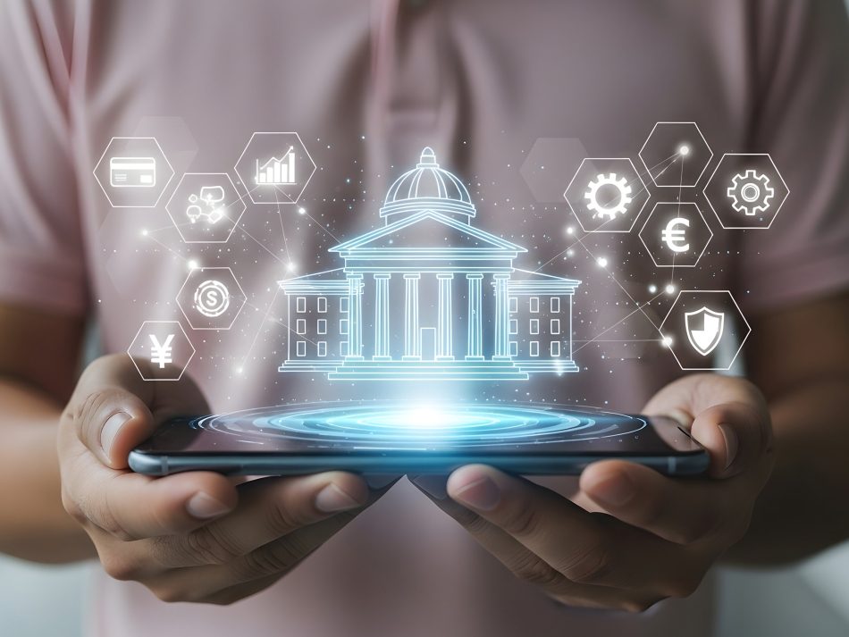 Hands holding a smartphone displaying a glowing 3D government building hologram and digital service icons for e-government.