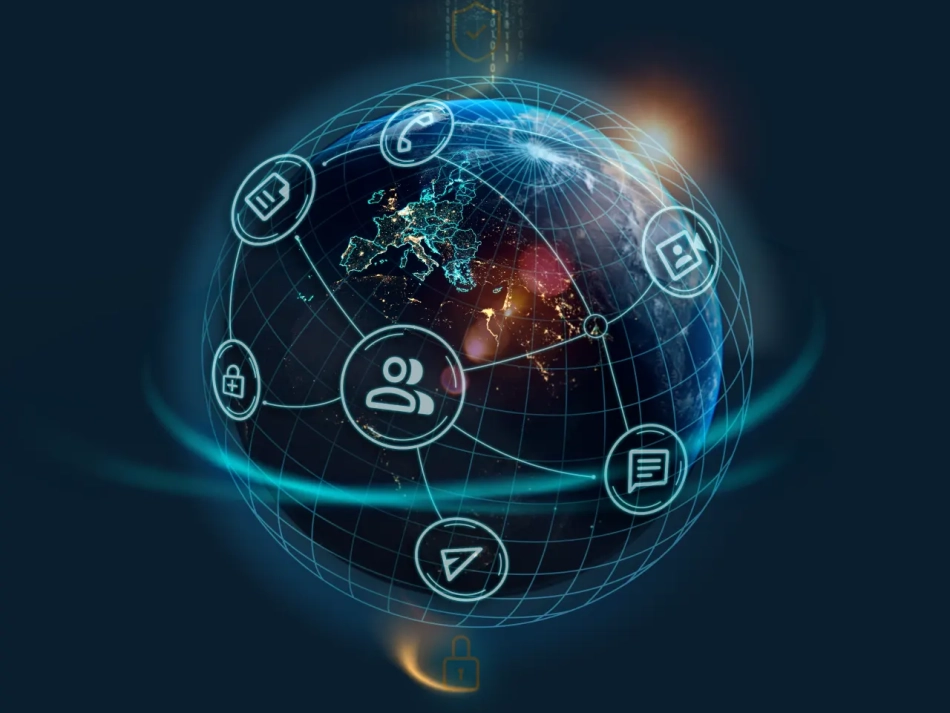 Eine digitale Erdkugel mit Fokus auf Europa, umgeben von vernetzten Icons für Telefonie, Video, Messaging und Sicherheit, steht für die Ende-zu-Ende-verschlüsselte Kommunikationsplattform Wire.