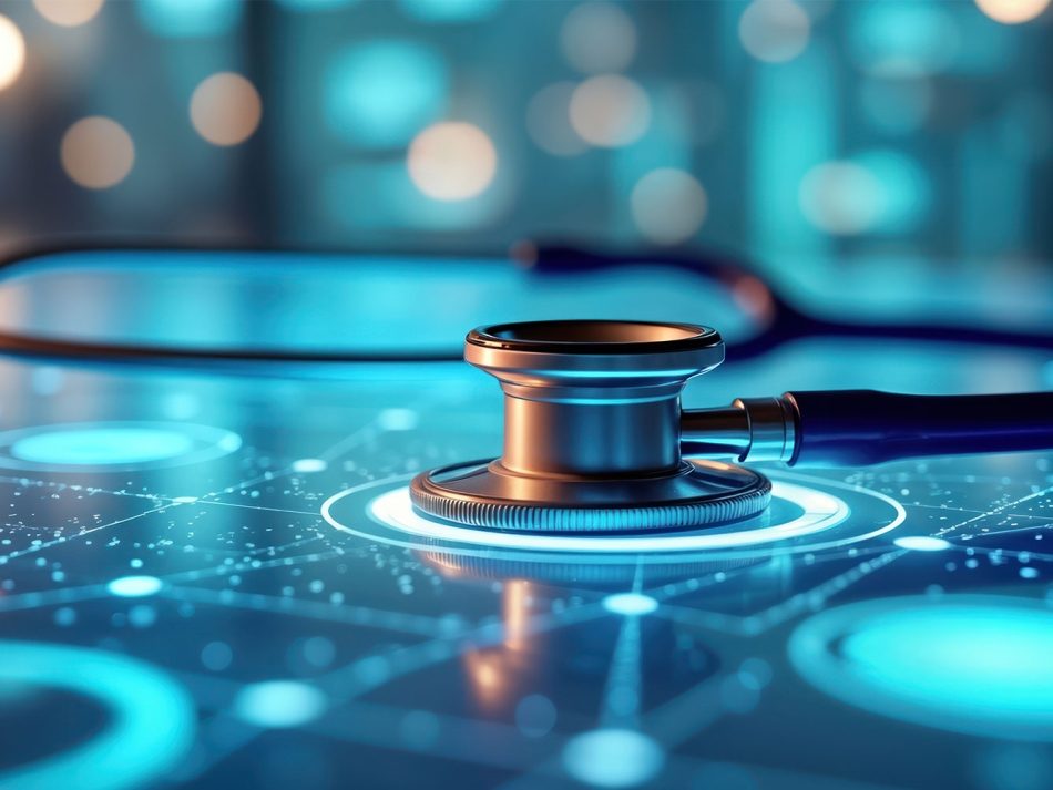 Stethoscope lying on a glowing blue digital circuit board with network nodes.