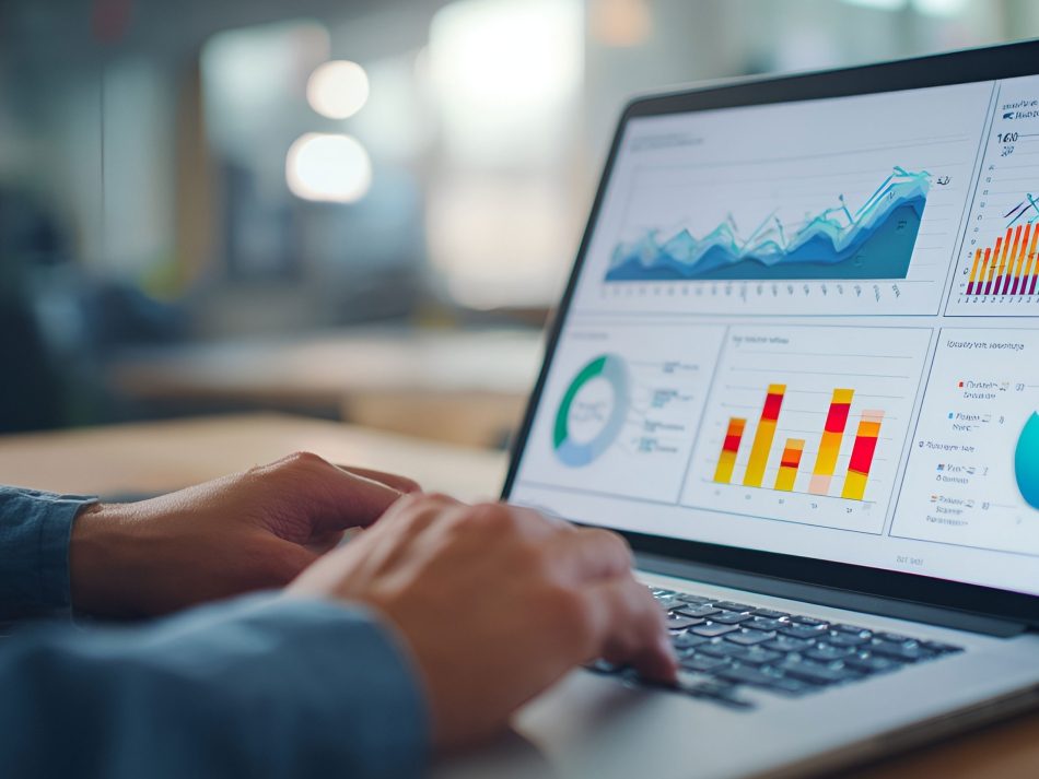 Person analyzing digital analytics dashboards with charts on a laptop for clickstream analysis.