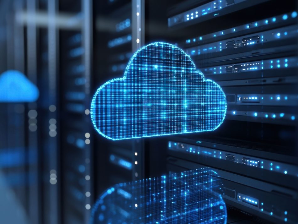 A bright blue cloud symbol floats in front of a row of server racks in a data center. The image visualizes cloud databases, cloud computing, data storage and hosting infrastructure in a server environment.
