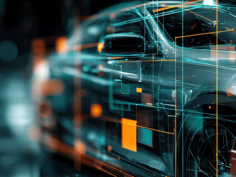 Futuristisches Auto mit digitalen Hologramm-Linien als Symbol für einen digitalen Zwilling und moderne Automobiltechnologie.