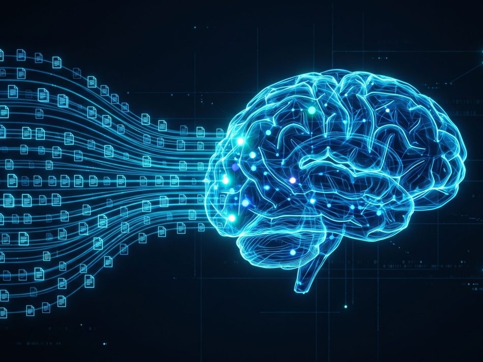 Glowing neural network brain connected to incoming digital document streams – representing secure AI research and federated learning.