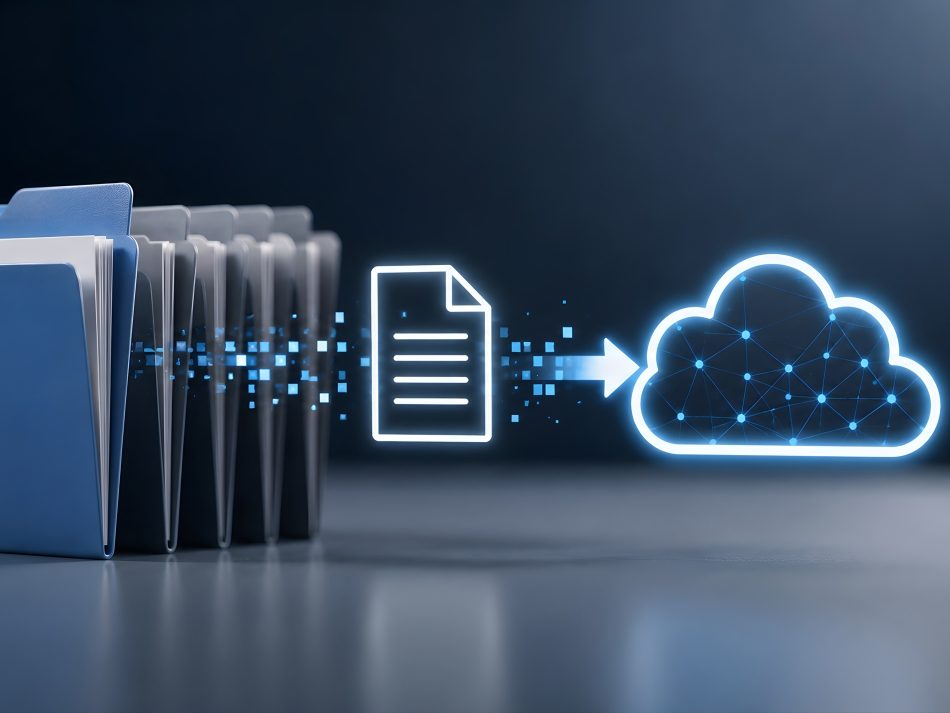 Graphical representation of data transfer: data flows from a physical file folder through a file icon into a glowing cloud symbol. Digitization and cloud storage.