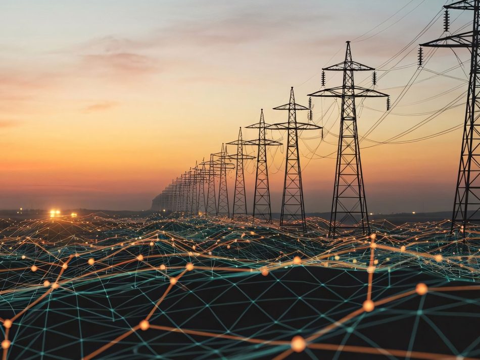 A line of high-voltage power pylons at dusk overlaid with a glowing digital mesh network, symbolizing smart energy grids and network stability.