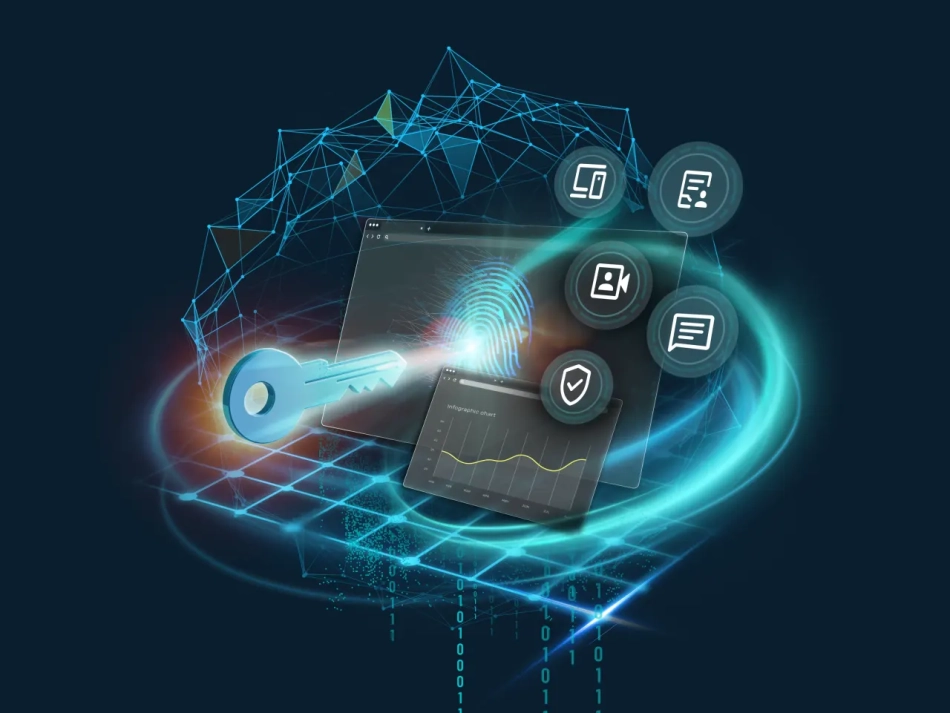 A digital key and a fingerprint scanner securing virtual browser windows and collaboration icons, representing the sovereign workspace by Schwarz Digits.