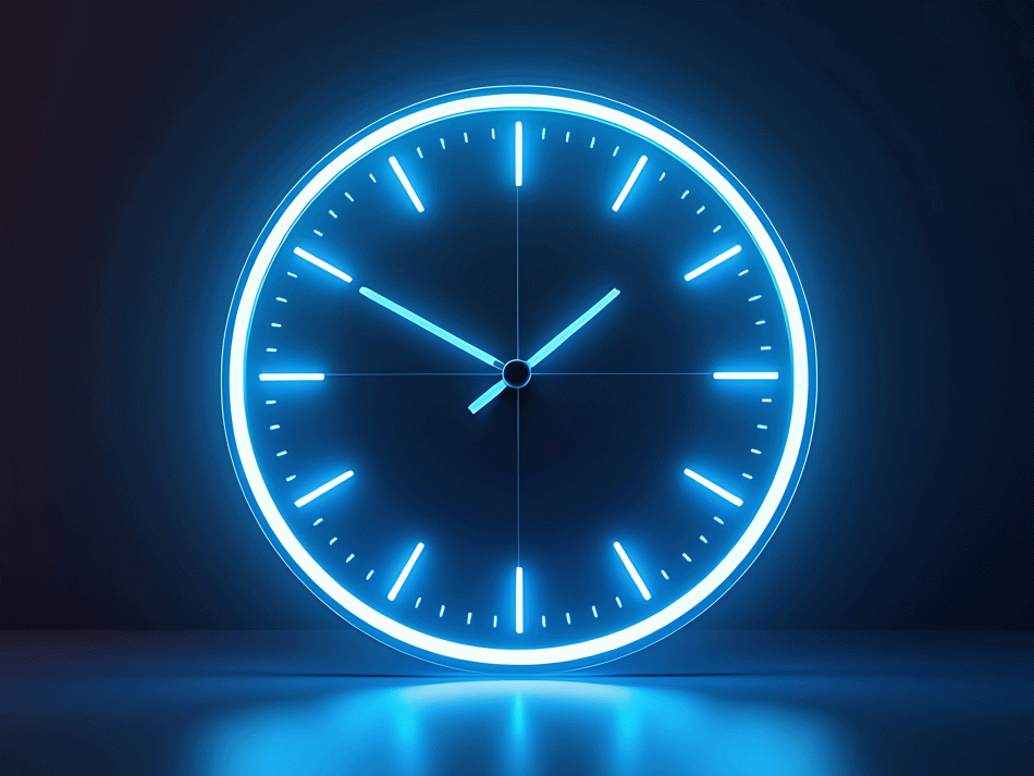lau leuchtende Neon-Uhr als Symbol für Reaktionszeiten, Geschwindigkeit und Uptime im Cloud-SLA.