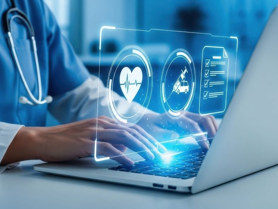 Medical professional using a laptop for digital healthcare data exchange and electronic health records.