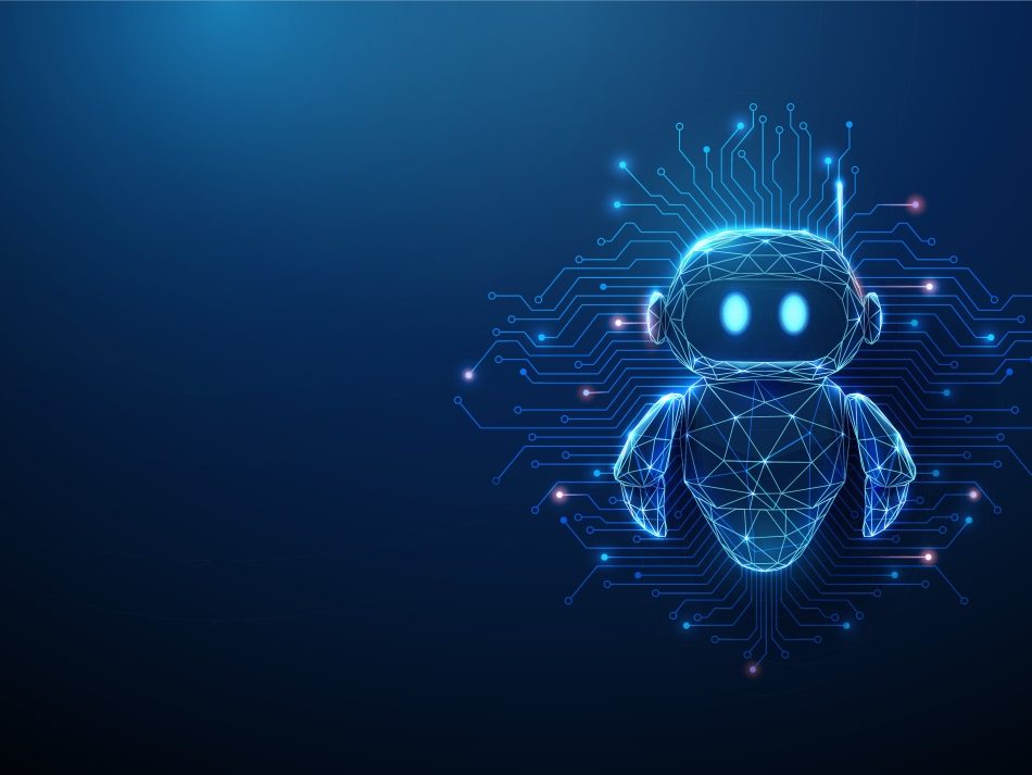 Futuristic glowing blue AI bot created from polygon wireframe lines, centered on a dark background with digital circuit board tracks and illuminated nodes.