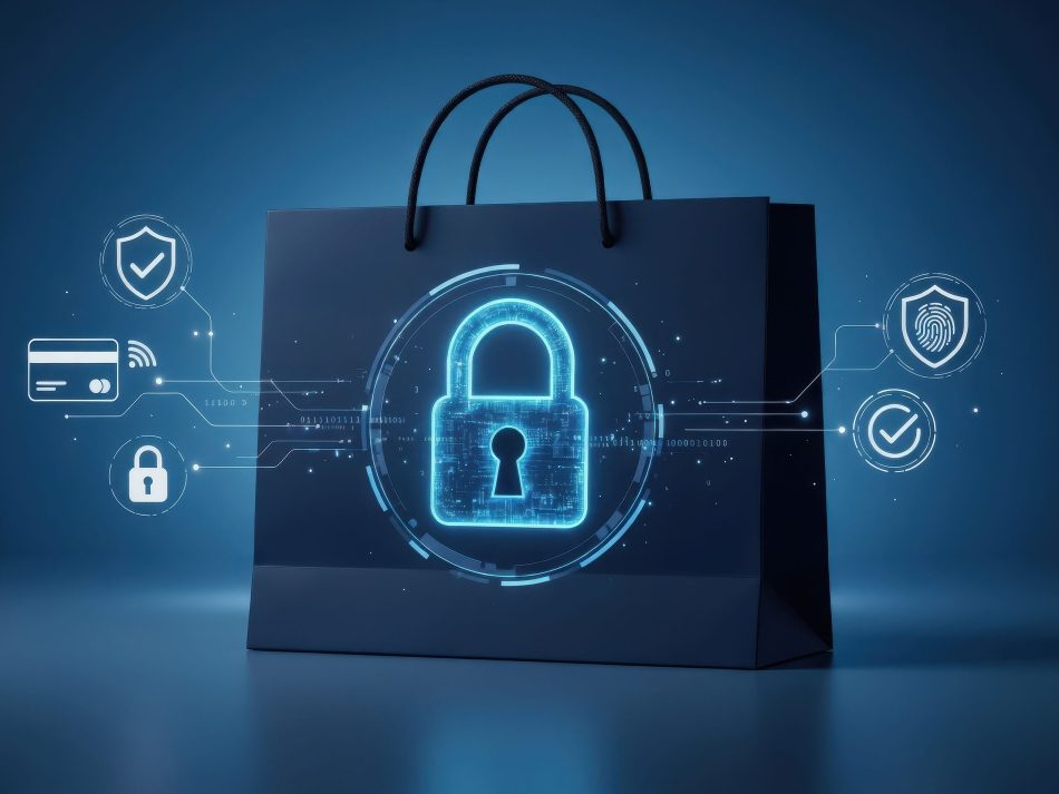 Black shopping bag with digital security icons representing e-commerce encryption, secure online payment processing, and buyer protection.