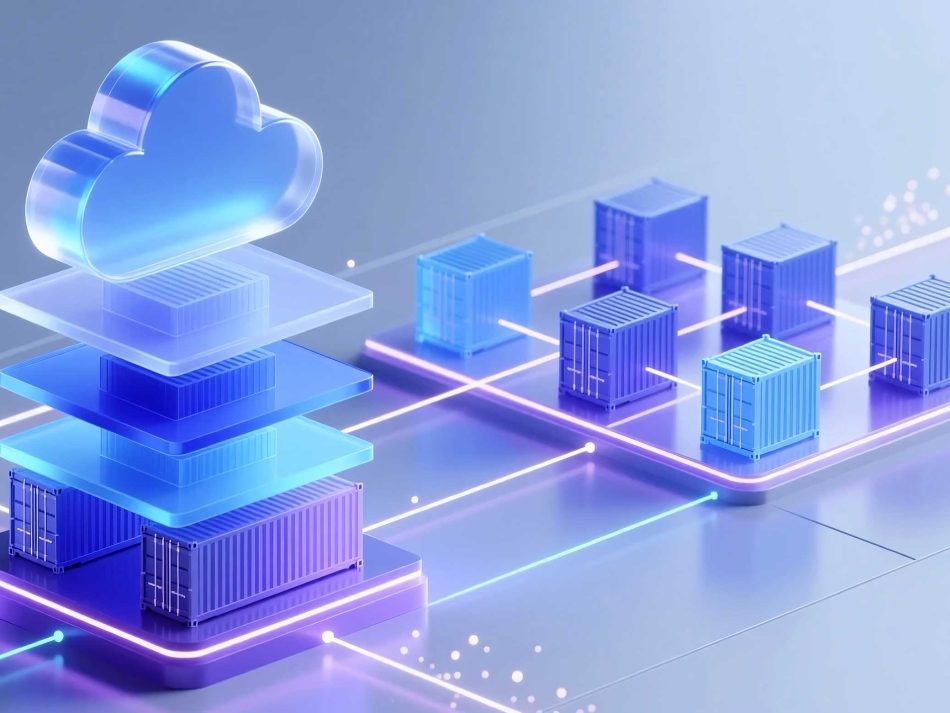 3D illustration of cloud containers and a glass cloud icon – representing scalable container infrastructure and Managed Kubernetes services at STACKIT.