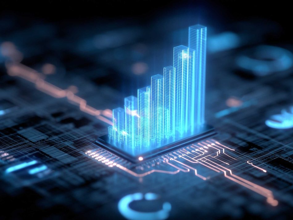 3D-Hologramm eines aufsteigenden Balkendiagramms auf einem leuchtenden Mikrochip, das digitale Skalierung und technisches Wachstum symbolisiert.