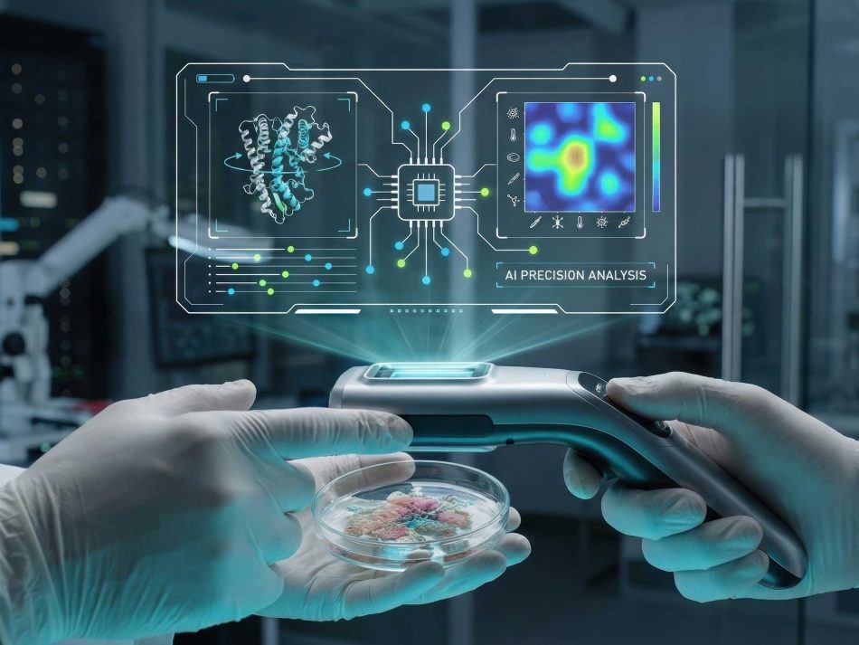 Laboratory researchers utilizing AI-powered precision analysis, visualized by a holographic display with molecular structure, chip icon, and heat map, supported by a server data center.