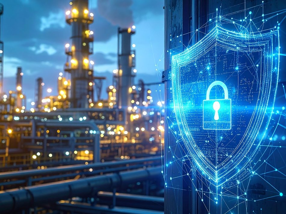 Industrial plant at night with a glowing blue network shield and padlock.