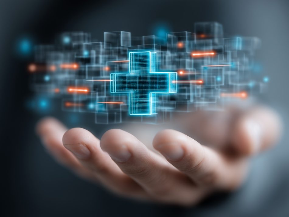 A hand holds a cloud of floating digital cubes and a glowing medical cross symbol, representing connectivity and digital transformation in healthcare.