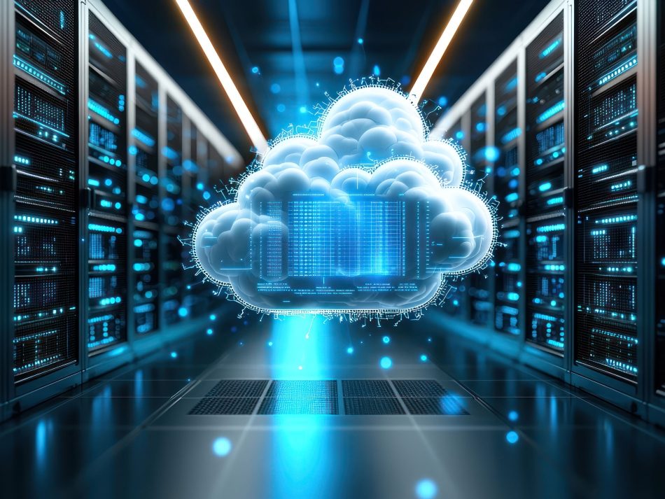 Luminous, white-blue cloud symbol with data code display in the middle of a server room, surrounded by rows of flashing server racks. The image visualizes cloud computing, server infrastructure, data storage and virtualization in the data center.