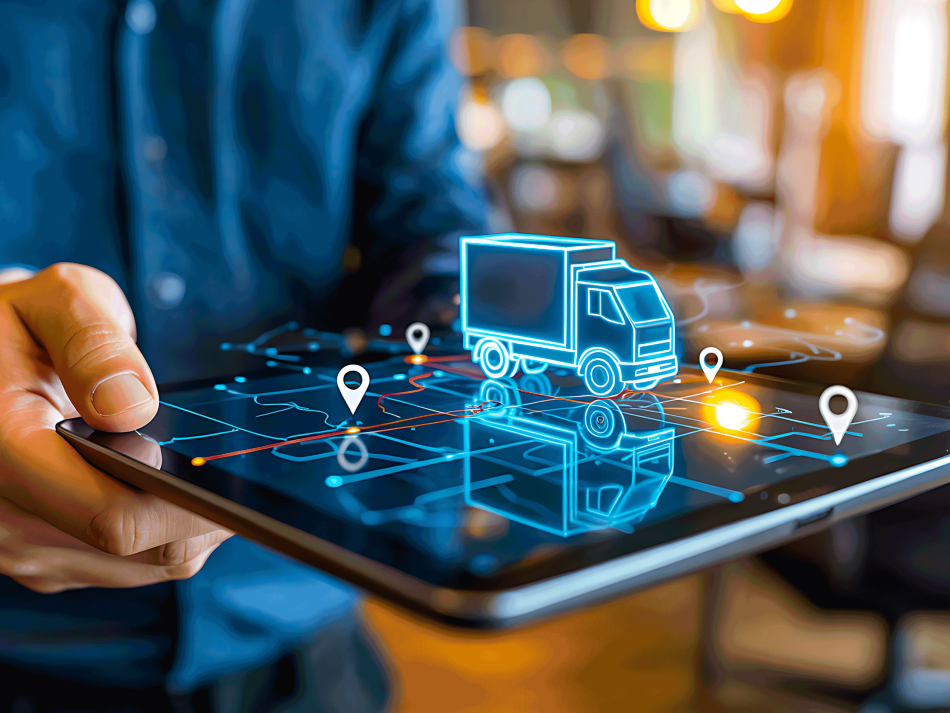 A person holding a tablet displaying a digital navigation map with location pins and a glowing blue 3D delivery truck hologram.