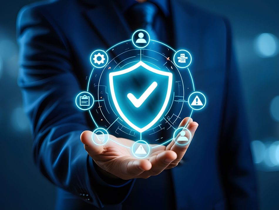 Ein Geschäftsmann in einem dunkelblauen Anzug hält seine offene Handfläche, über der ein leuchtendes, blau-weißes, digitales Schild-Symbol mit Häkchen (Checkmark) schwebt. Das Schild ist umgeben von einem Ring aus vernetzten Technologie- und Sicherheitssymbolen (z. B. Zahnrad, Dokument, Warnzeichen, Person). Das Bild symbolisiert Cybersecurity-Lösungen, umfassenden digitalen Schutz, IT-Sicherheit, Datenmanagement-Sicherheit und den Schutz von Unternehmensnetzwerken und -daten.