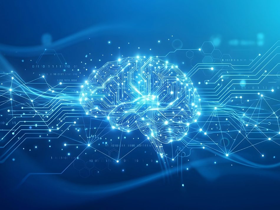 Artificial Intelligence concept art featuring a glowing neural network brain made of microchip circuits.