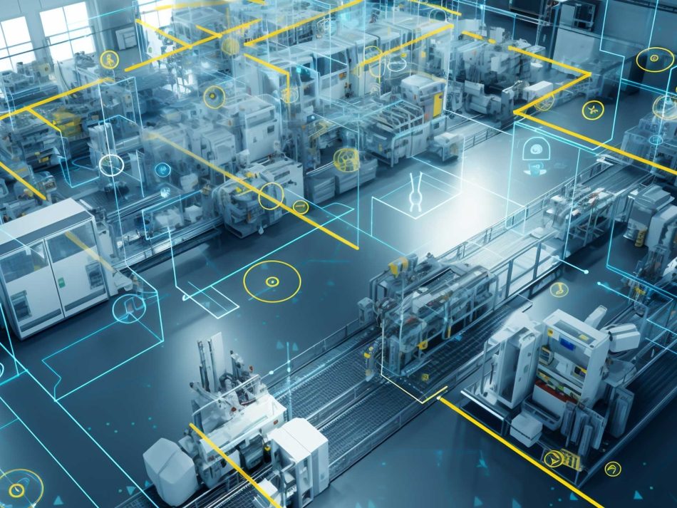 Vernetzte Produktionshalle mit digitalen Overlays, die Maschinenanbindung und Industrie 4.0 in einer Smart Factory visualisieren.
