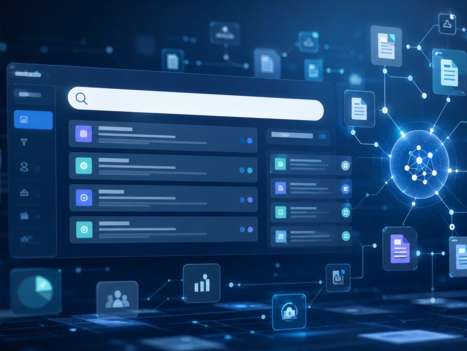 Abstrakte digitale Benutzeroberfläche für Wissensmanagement im Unternehmen mit Suchmaske und vernetzten Datenknoten.