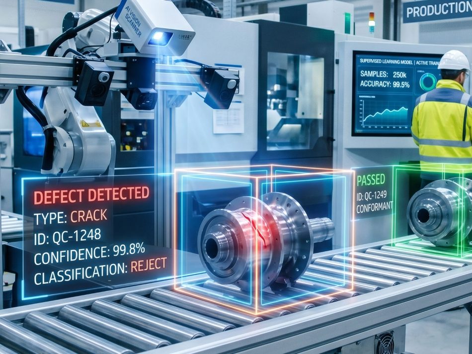 Automated visual quality inspection using AI image recognition on a factory conveyor belt.